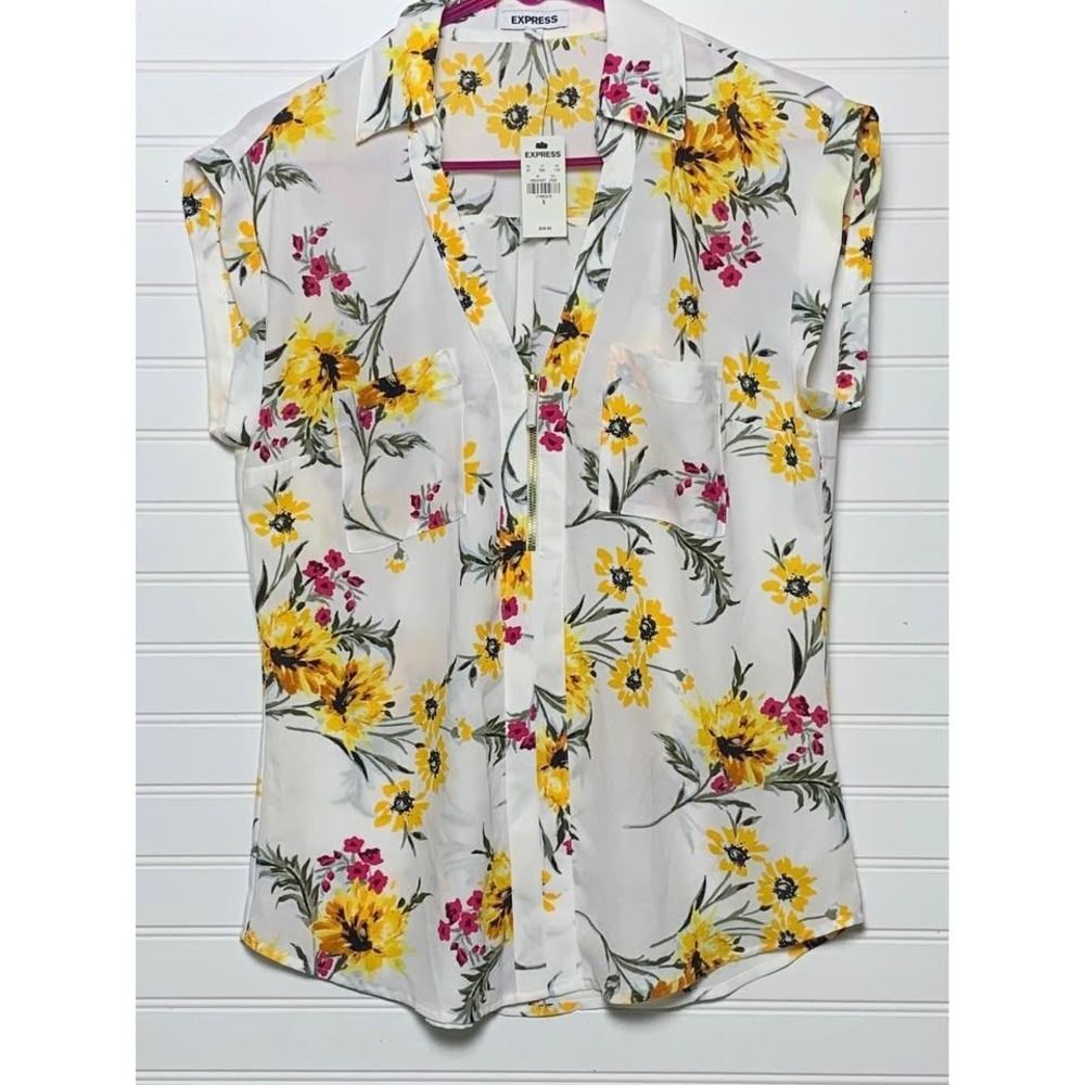 EXPRESS Floral Print Button Down Sleeveless Shirt - Size Small